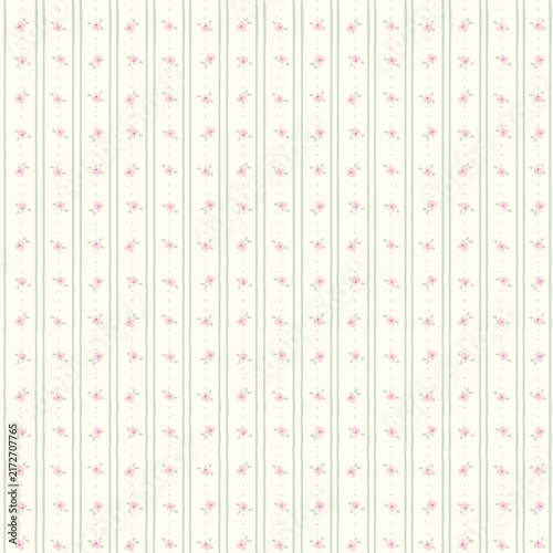 Cute pink floral seamless pattern background with tiny flowers and green stripes vector illustration for baby shower pastel fabric design wrapping paper wallpaper graphic element and textile print