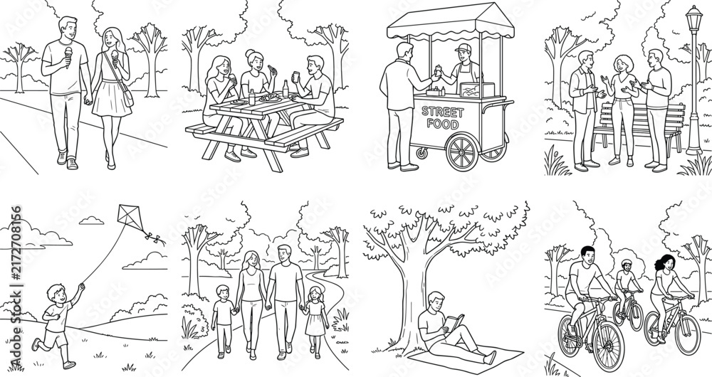 Fototapeta premium Park Activities Vector Illustrations Featuring Leisure, Family, and Outdoor Lifestyle Scenes