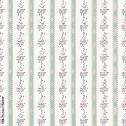 Pink floral seamless pattern background with vertical flower stripes and lace vector illustration for baby shower, pastel fabric design, wrapping paper, wallpaper, textile and greeting cards