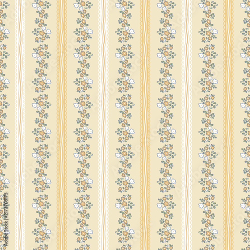 Yellow floral seamless pattern background with vertical flower stripes and lace vector illustration for baby shower, pastel fabric design, wrapping paper, wallpaper, textile and greeting cards