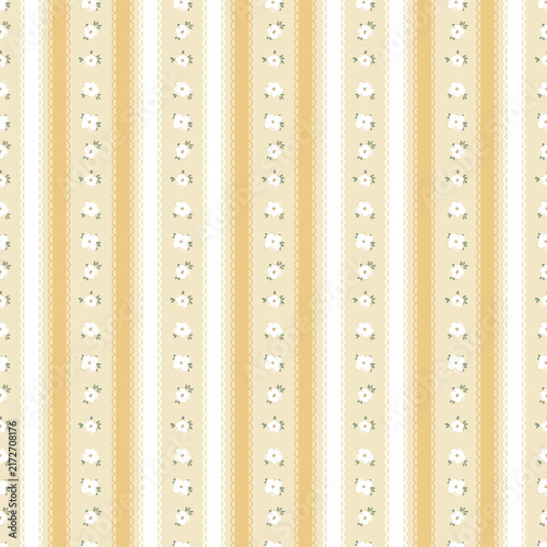 Yellow floral seamless pattern background with vertical flower stripes and lace vector illustration for baby shower, pastel fabric design, wrapping paper, wallpaper, textile and greeting cards