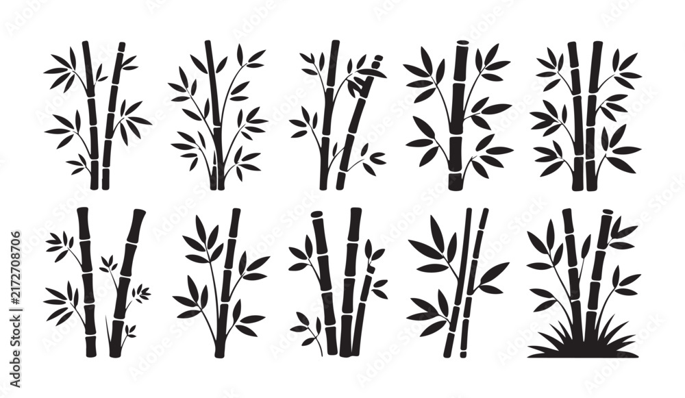 Fototapeta premium Black bamboo silhouette collection includes diverse stalk and leaf arrangements on a transparent backdrop.
