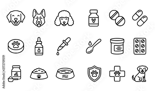 Dog Medicine and Vitamin Linear Icon Collection for Pet Healthcare and Veterinary Apps