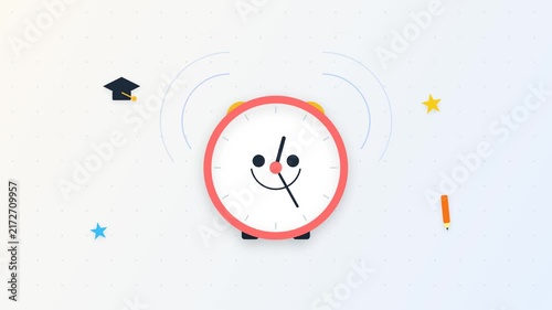 charming 2D animated red alarm clock with a smiling face rings on a light background surrounded by minimalist icons like a graduation cap, stars, and a pencil. The clean motion design footage is ideal