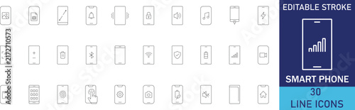 Smart phone and mobile device touchscreen technology line icon set. Vector symbols for smartphone screen, app notification, battery charging, fingerprint unlock, wireless wifi, and selfie camera.