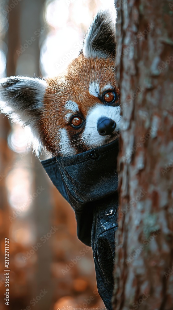 Fototapeta premium Red panda peeking from behind a tree trunk.