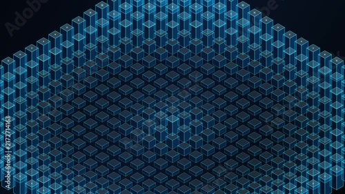 abstract 3D motion graphic featuring an endless grid of glowing blue wireframe cubes pulsing and shifting. The geometric structure creates a futuristic cybernetic landscape with rhythmic light waves 