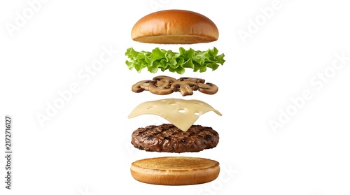 Gourmet mushroom Swiss cheese burger stacked with fresh lettuce and grilled patty in exploded view