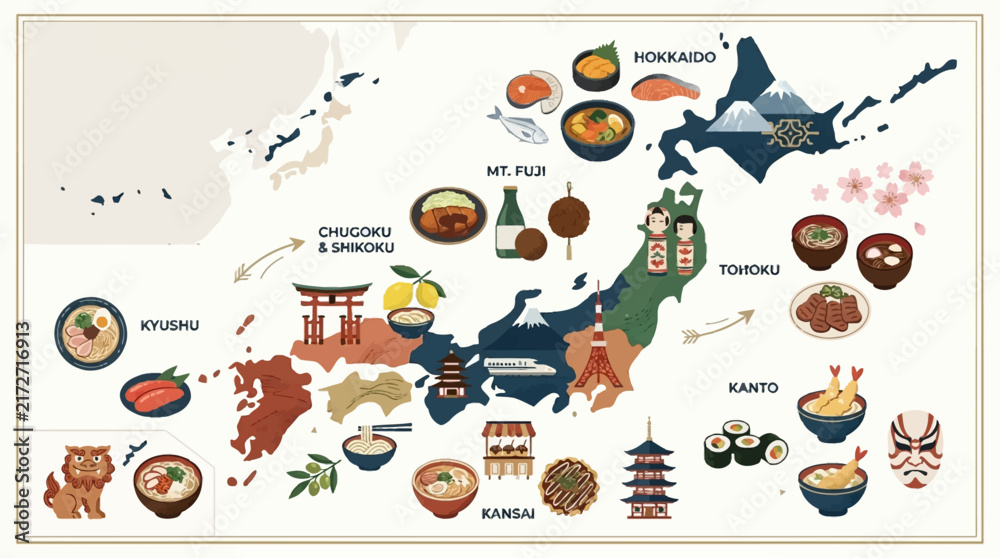 Obraz premium Illustrated map of Japan showcasing regional foods, landmarks, and cultural symbols across its islands and prefectures.