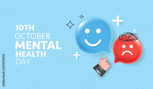 World Mental Health Day 10th October banner with 3D happy and sad speech bubbles representing bipolar disorder, mood swings, psychology, and emotional well-being awareness illustration background.