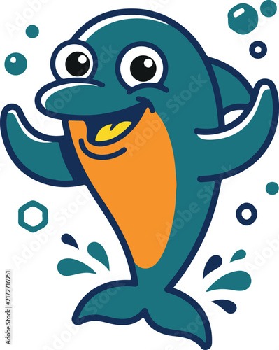 Cute Dolphin Mascot Character Jumping With Water Splash Flat Vector Illustration Isolated On White Background