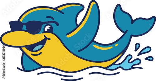 Cool Dolphin Mascot Character Wearing Sunglasses Swimming Flat Vector Illustration Isolated On White Background
