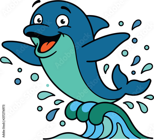 Cute Dolphin Mascot Character Jumping With Water Splash Flat Vector Illustration Isolated On White Background