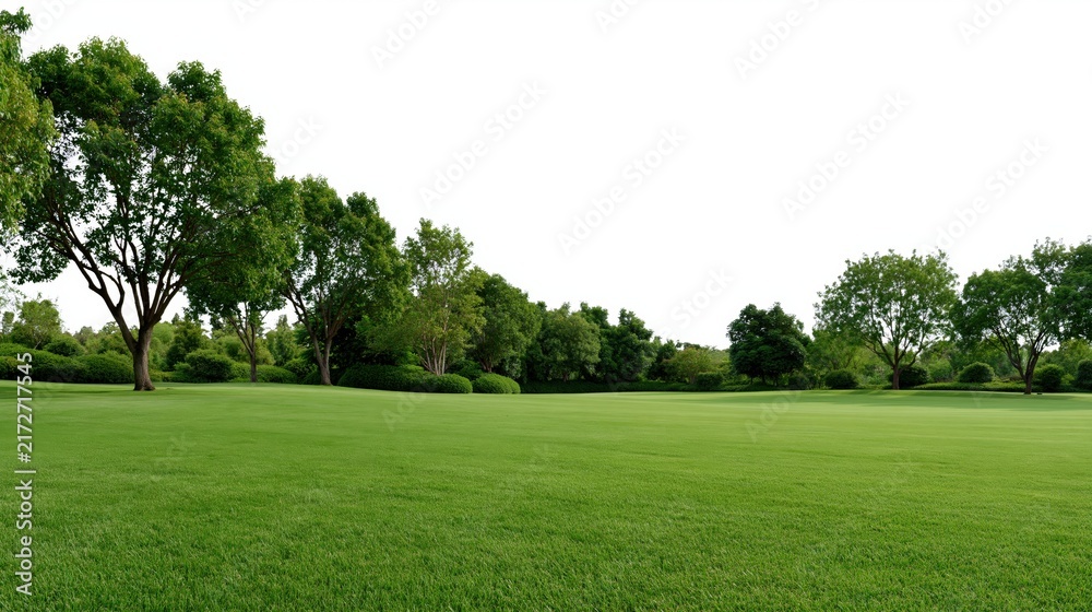 Fototapeta premium Lush green lawn and mature trees create a serene landscape under a bright sky.