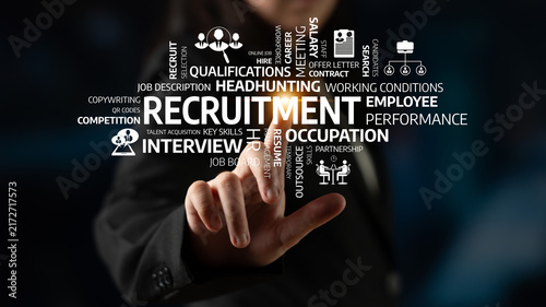 Fotografie A dynamic representation of the recruitment process featuring keywords related to headhunting and employee performance, showcasing modern hiring strategies and concepts