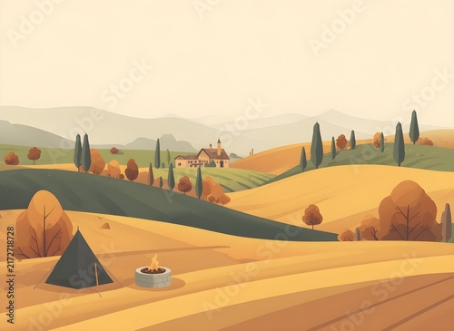 Peaceful Autumn Campsite Between Rolling Farmland
