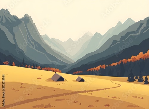 Peaceful Autumn Mountain Basecamp with Tents and Golden Meadow