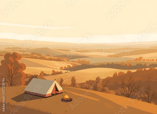 Autumn Camping Serenity: A lone tent sits peacefully on a grassy knoll, overlooking rolling hills bathed in the warm hues of an autumn sunset, with a crackling campfire nearby promising cozy evenings.