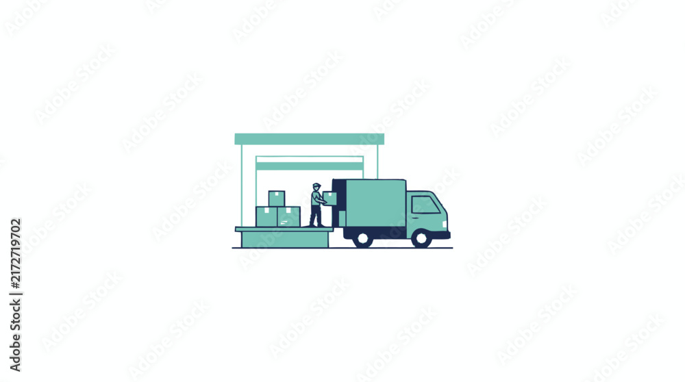 Fototapeta premium Green delivery truck with warehouse and workers illustration.