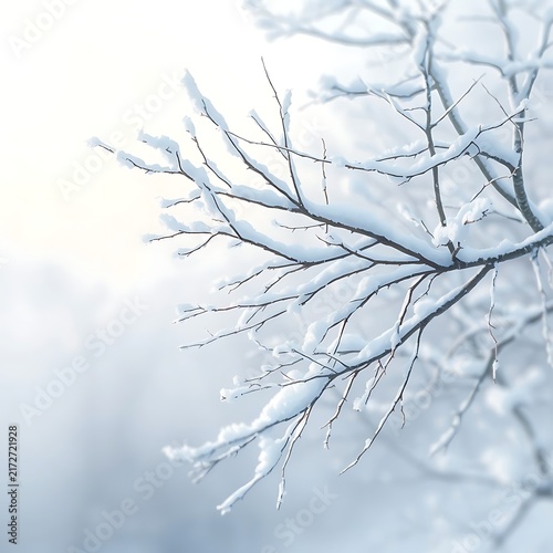 Bare tree branches covered with fresh white snow during winter.
