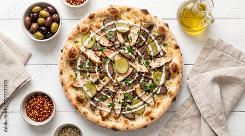 Foto Gourmet Meat Lovers Pizza with Chicken, Steak and Pickles Served on White Wooden
