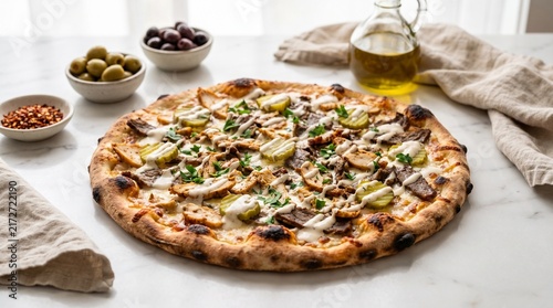 Foto Gourmet Homemade Chicken Shawarma Pizza with Pickles and Garlic Sauce on White M