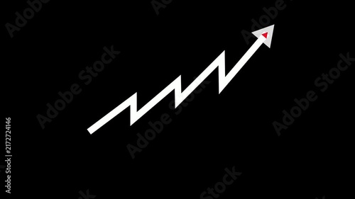 A minimalist white zigzag line graph with a red downward arrow indicating a negative trend or decline on a stark black background.