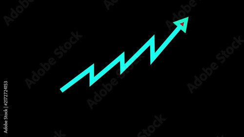 A bright cyan zigzag line graph with a red downward arrow indicating a negative trend or decline on a dark black background.