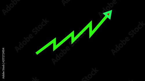 A vibrant green zigzag line graph with a red downward arrow indicating a negative trend or decline on a plain black background.