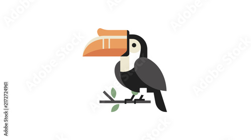 Stylized Toucan Bird Sitting on Branch Flat Design