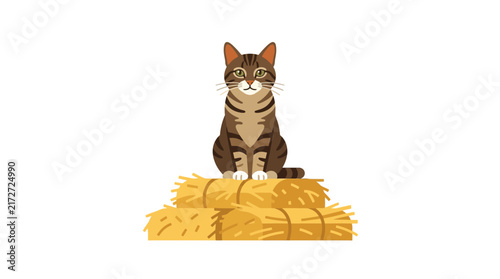 Tabby Cat Sitting on Hay Bales