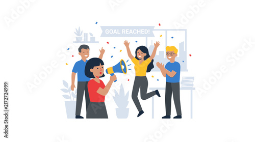 Team celebrates reaching goal with confetti and megaphone