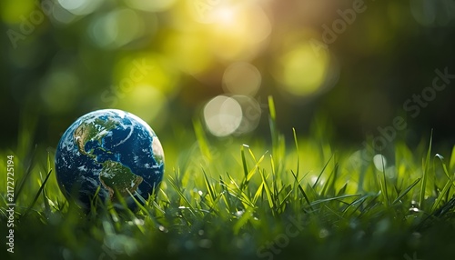 Save the World and Protect the Environment Concept, Earth Globe Resting in Green Grass with Soft Bokeh Background, Sustainability and Ecological Awareness