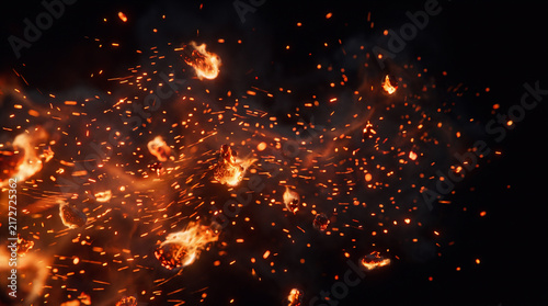 abstract fire ember background, intense glowing orange and red fire embers blowing dynamically through the wind