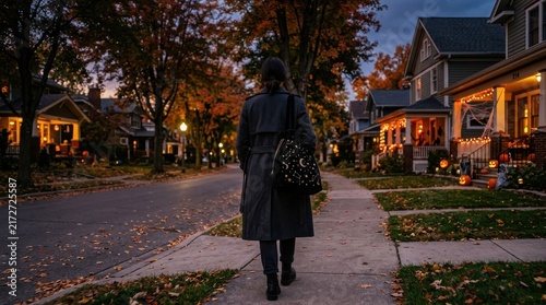 A solitary woman in a dark coat walks down a suburban sidewalk during an autumn evening with glowing houses