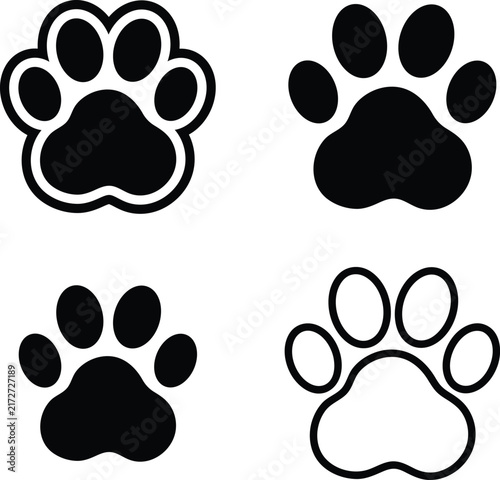 Paw Print Solid and Outline Illustration Set