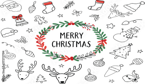 Merry Christmas Hand Drawn Doodles Card Template with Center Wreath Graphic Layout and Red Accented Festive Winter Holiday Character Illustration Elements