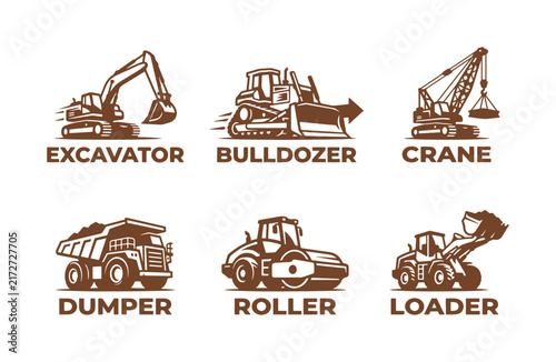 Heavy Construction Machinery Logo Set – Excavator, Bulldozer, Haul Truck and Backhoe Branding
