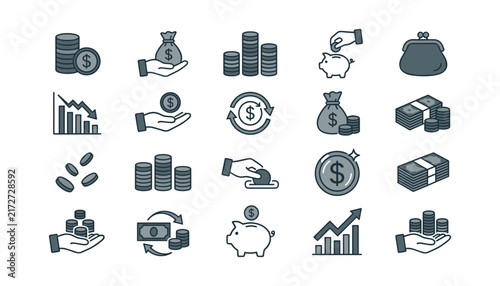 Money and finance line icons set showing investment savings currency growth cash flow banking budget profit management vector illustration