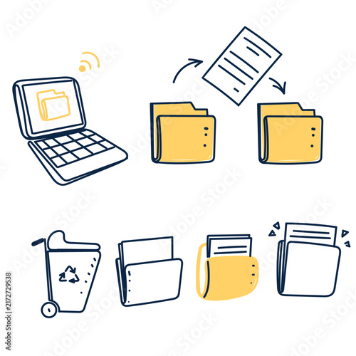 Collection of handdrawn doodle icons representing file management, digital storage, and data transfer concepts. Features computer folders, documents, laptop, smartphone, and recycle bin