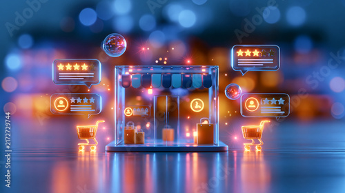 online shopping concept with transparent digital storefront surrounded by customer ratings, reviews and glowing shopping cart symbols, futuristic 3D illustration, blue and violet environment, copy