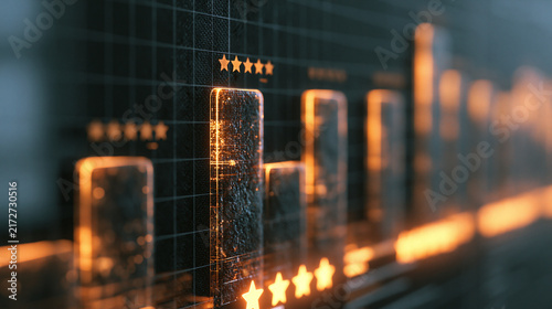 five star rating data transforming into rising bar charts and glowing performance indicators, customer satisfaction analytics concept, elegant 3D infographic style, clean corporate background