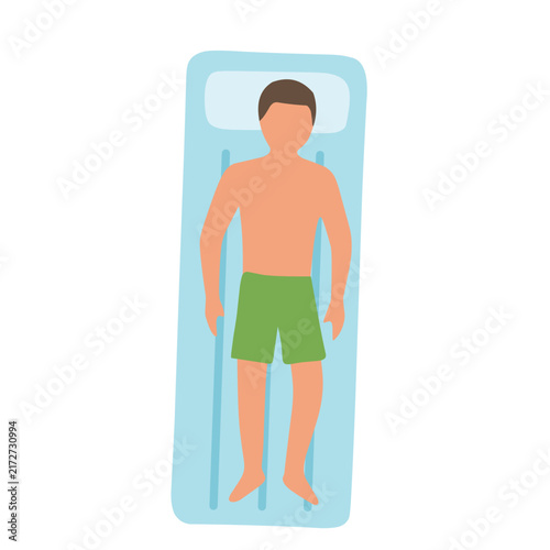 Person relaxing in a swimming pool while floating on the water, wearing green swimwear, isolated on white background, cartoon vector illustration for summer designs