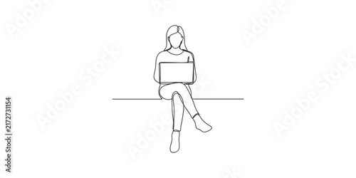 Continuous single line drawing of a woman sitting and working on a laptop computer