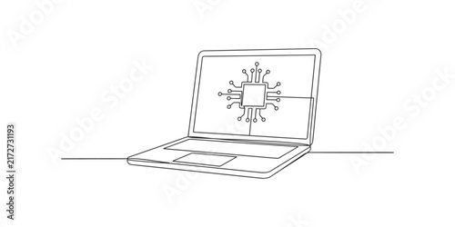 Continuous single line drawing of a laptop with a computer chip icon on the screen