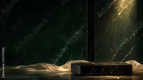 Dramatic anti aging skincare advertising environment featuring dark marble, emerald tones, champagne gold accents and an elegant product presentation platform.