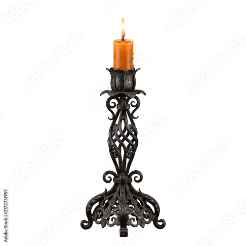 Ornate Iron Candlestick Holder with Lit Candle.