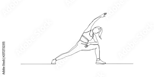 Continuous single line drawing of a woman doing yoga stretching exercise