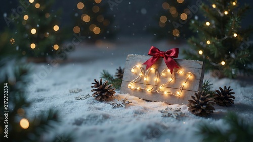 Festive christmas gift with glowing lights on snowy ground surrounded by pinecones and bokeh