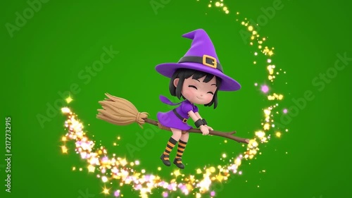 Cute 3D Anime Witch Girl Flying on Magic Broomstick with Sparkle Trail Green Screen.